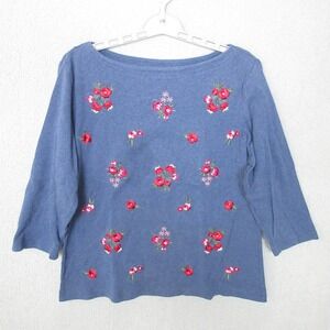 Karen Scott Womens Top Size L Blue Floral Embroidered 3/4 Sleeve Boat Neck